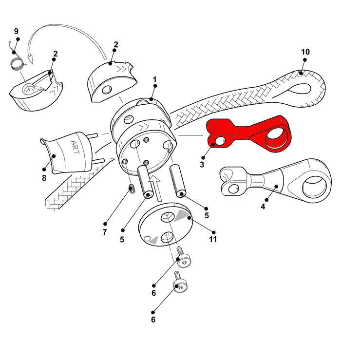 Dessin technique avec pièces numérotées, dont un composant rouge qui pourrait représenter le support de mousqueton Positioner/SpiderJack 2.1