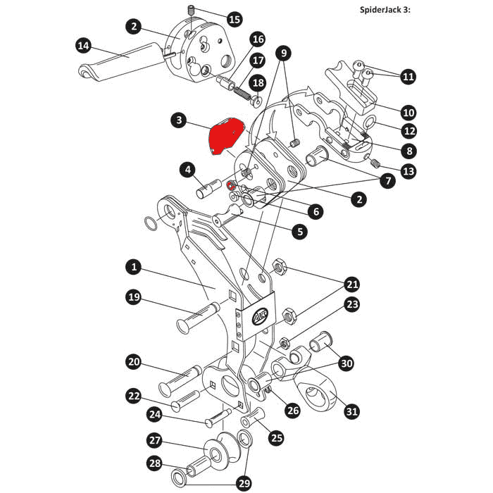 Dessin technique du SpiderJack 3 avec les pièces individuelles numérotées, la partie 3 (mâchoire de serrage A) marquée en rouge.