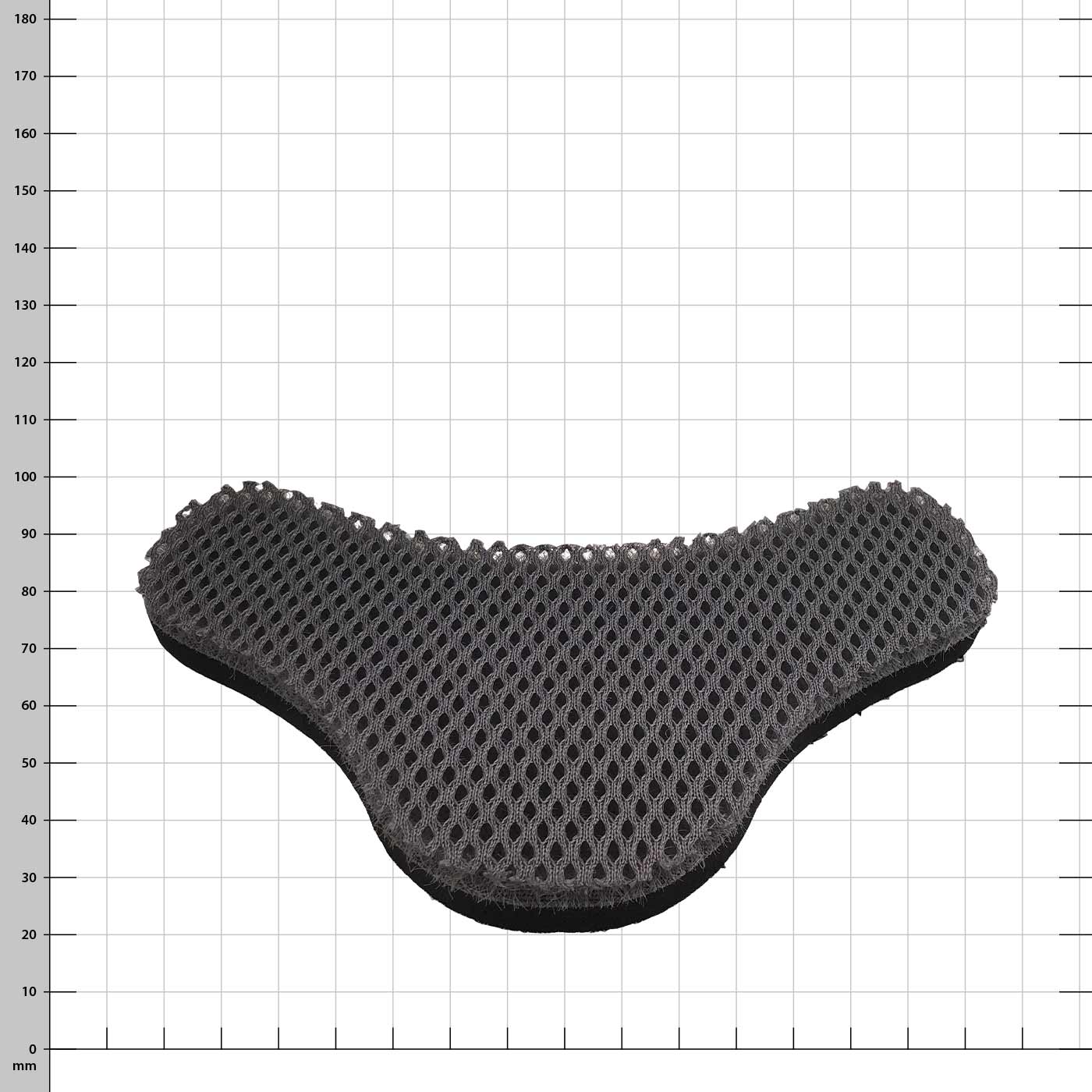 Coussinet de cou PROTOS® extra épais de couleur noire avec une structure en maille sur la surface, posé à plat sur un fond blanc avec des dimensions de grille en millimètres