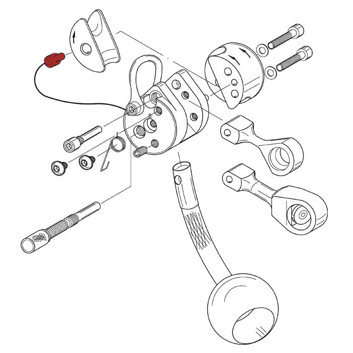 Dessin technique en noir et blanc d’un dispositif mécanique comportant plusieurs parties, dont deux vis marquées en rouge, sans information constructeur ni type de produit