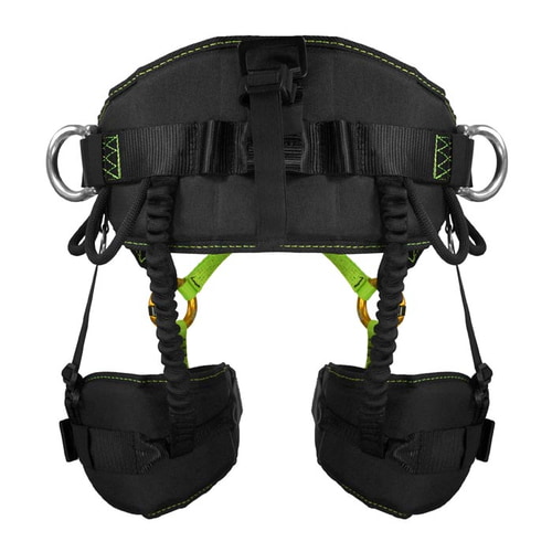 Treewor C Vue arrière du harnais d’escalade noir et vert avec anneaux métalliques et élastiques