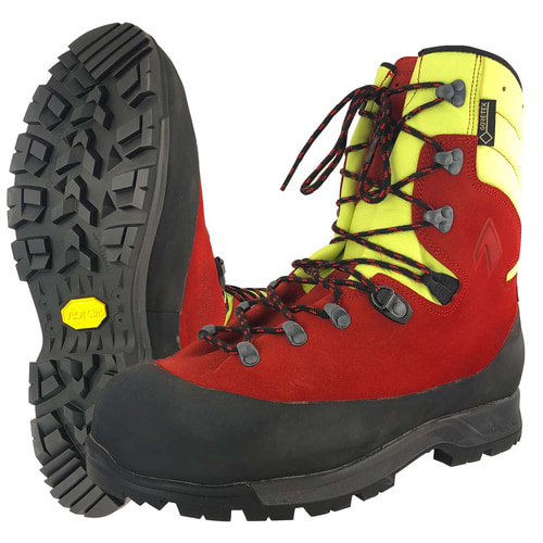 Chaussures de randonnée Protector Forest 2.1 GTX en rouge avec tige jaune, semelle noire et lacets noirs, fabricant non visible
