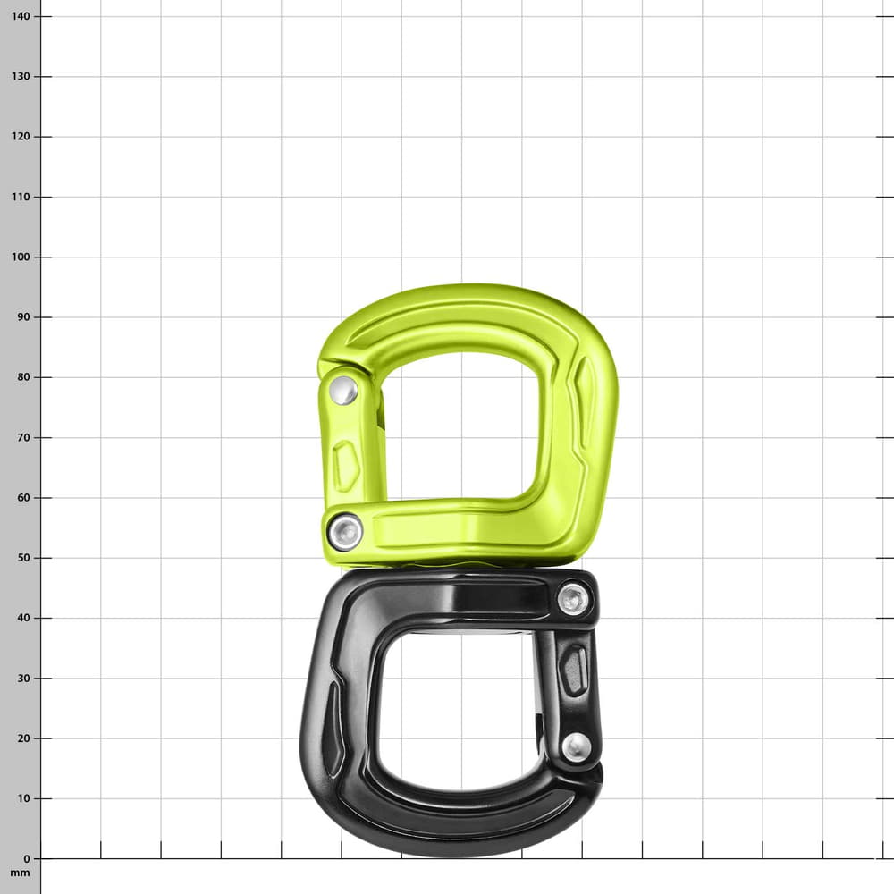 Deux mousquetons, vert en haut, noir en bas, nom du produit Cupid Swivel visible