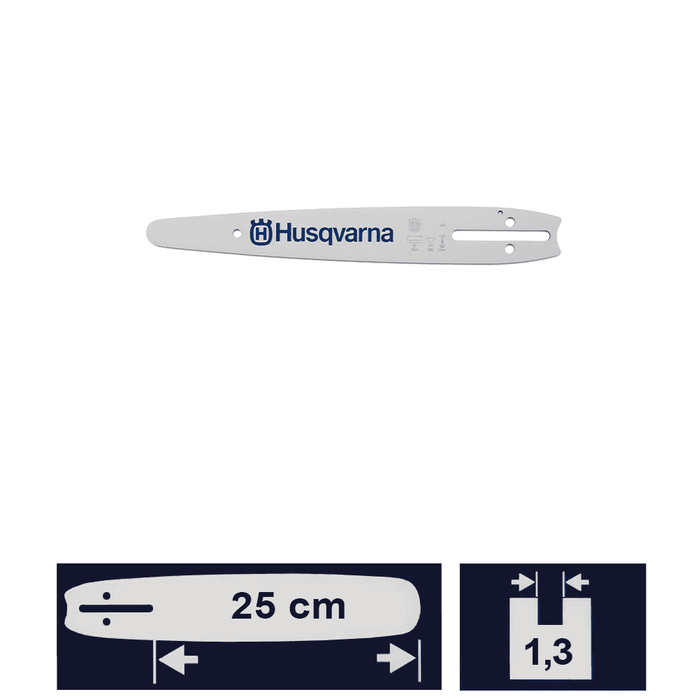 Rail de sculpture 10 / 1/4 de Husqvarna en blanc avec logo Husqvarna bleu et plusieurs trous de montage, longueur du rail 25 cm, largeur 1,3 cm