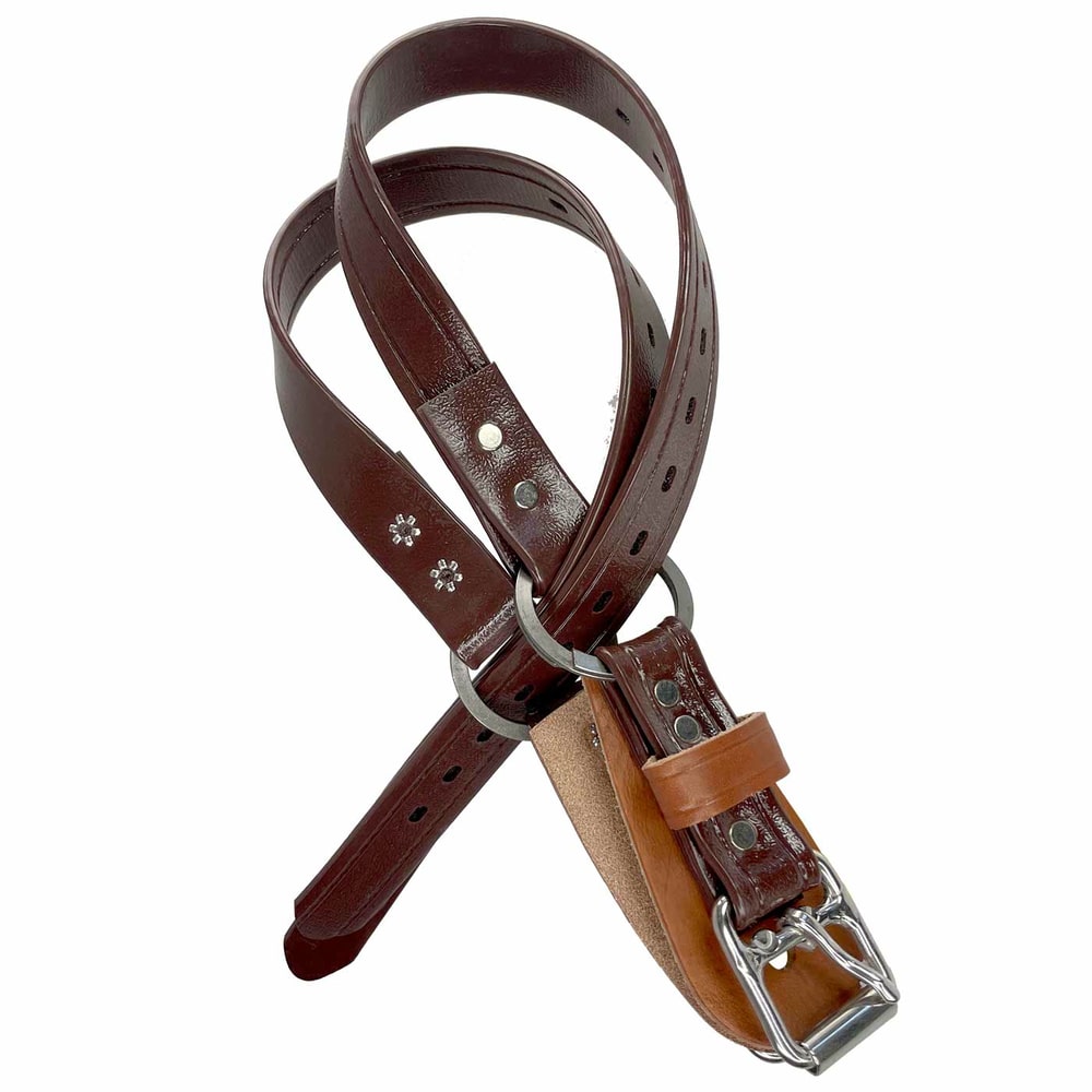 Sangle inférieure 66, bracelet en cuir marron avec boucle et rangée de trous argentés, deux rivets argentés et deux petits motifs floraux sur le haut du bracelet