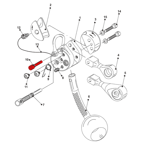 Dessin technique avec différents composants, marquage rouge sur la vis de roulement LockJack pour le montage du mousqueton