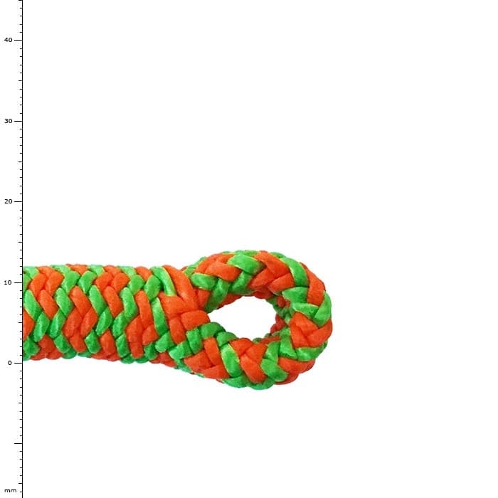 Épissure Atrax, gros plan d’une extrémité de corde tressée vert orangé avec boucle