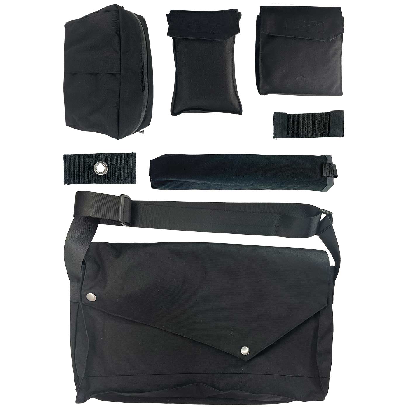 My Gear Vest Professional Set, sac noir avec bandoulière et plusieurs petits sacs et bretelles, toutes les pièces sont sur fond blanc