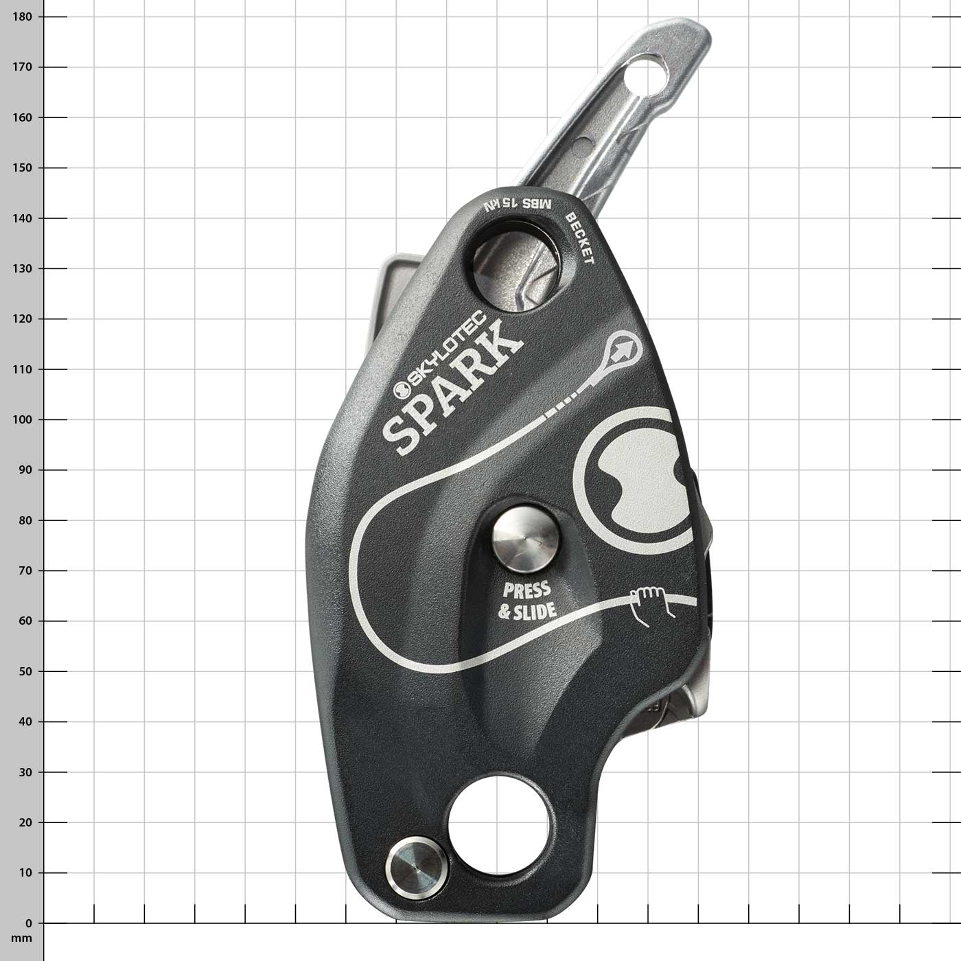 Appareil noir avec levier argenté et impression « Skylotec Spark » avec lignes et symboles blancs, bouton avec l’inscription « Press & Slide »