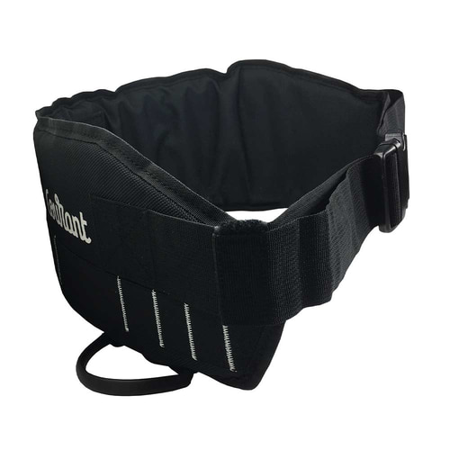 Ceinture croisée noire avec surpiqûres blanches et inscription « Courant », fabricant non visible