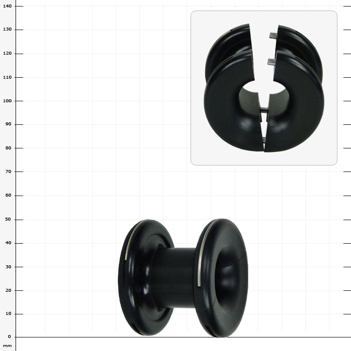 Rouleau en plastique noir avec deux disques, une vue de l’avant et une vue du haut