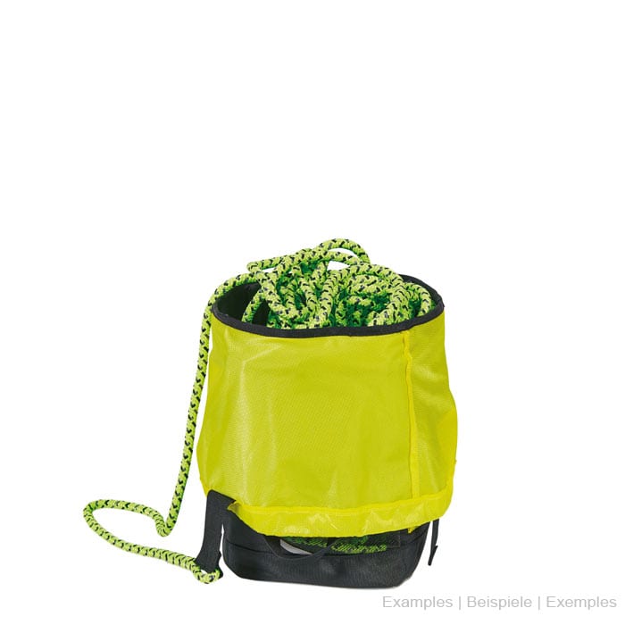 Sac d’escalade Host de Courant en noir et jaune avec filet jaune sur le dessus et corde verte et noire à l’intérieur