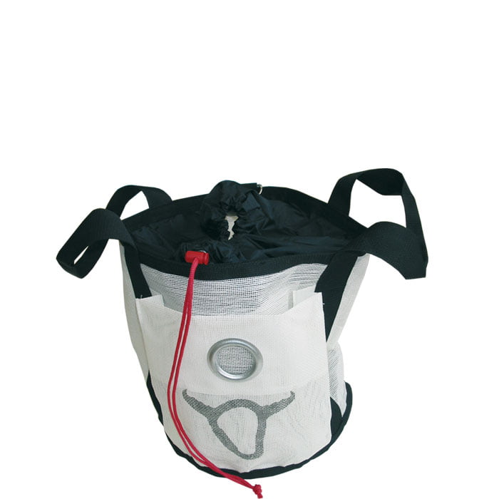 Sac en filet, sac en maille blanche avec poche intérieure noire, quatre poignées noires et cordon de serrage rouge