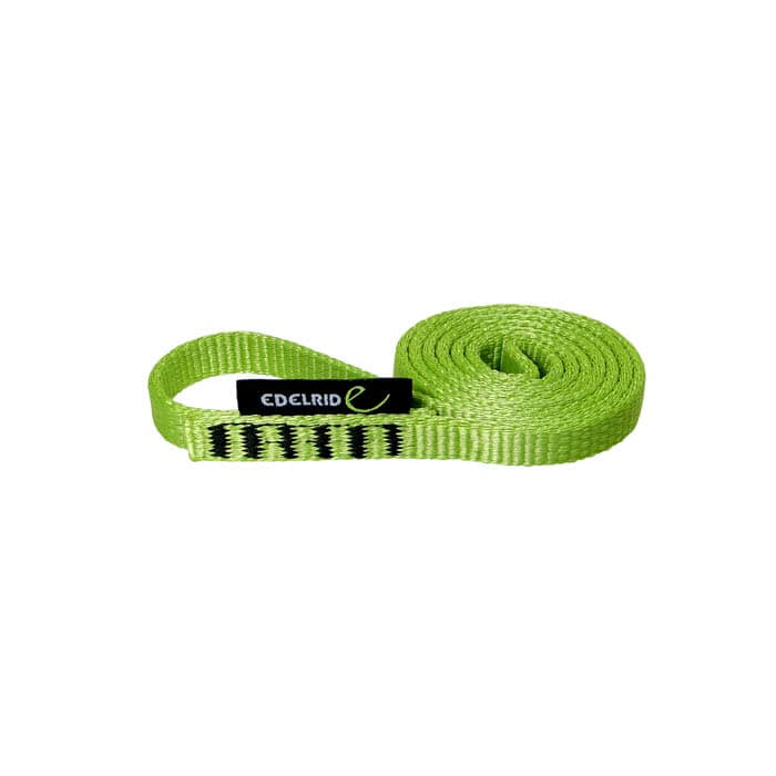 Tech Web d’Edelrid, une bande d’escalade verte avec étiquette noire et marquage vert