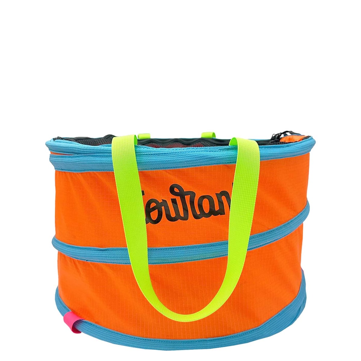 Sac Pelican L orange avec bordures bleues et poignées jaunes