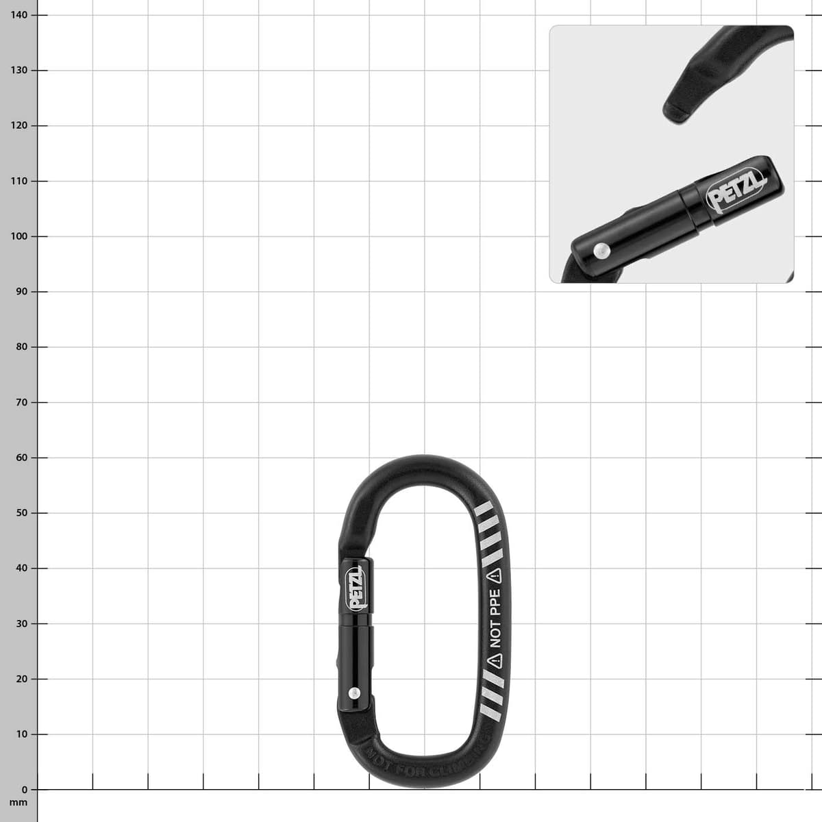 Mousqueton Petzl Mino noir avec marquage blanc et logo PETZL sur la fermeture