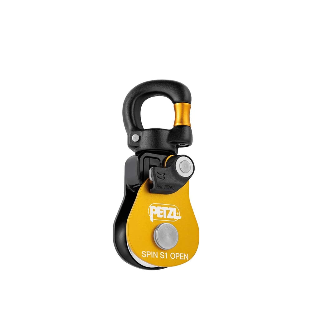 Poulie ouverte Petzl Spin S1 avec mousqueton noir et boîtier jaune