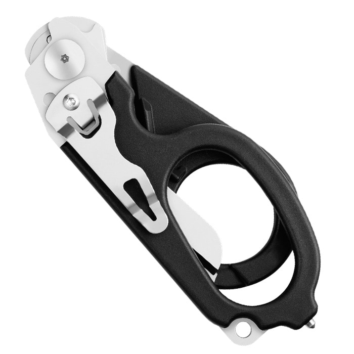 Ciseaux de sauvetage fermés Leatherman Raptor avec manche noir et pièces métalliques visibles