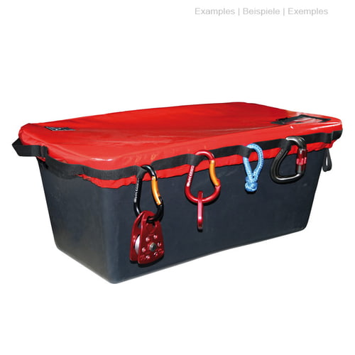 Couvercle en rouge sur une boîte noire, divers mousquetons et une boucle bleue pendent des boucles