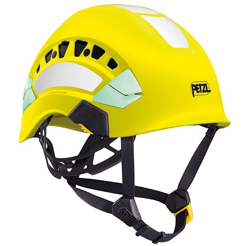 Casque haute visibilité Petzl Vertex Vent en jaune avec sangles noires et autocollants blancs réfléchissants