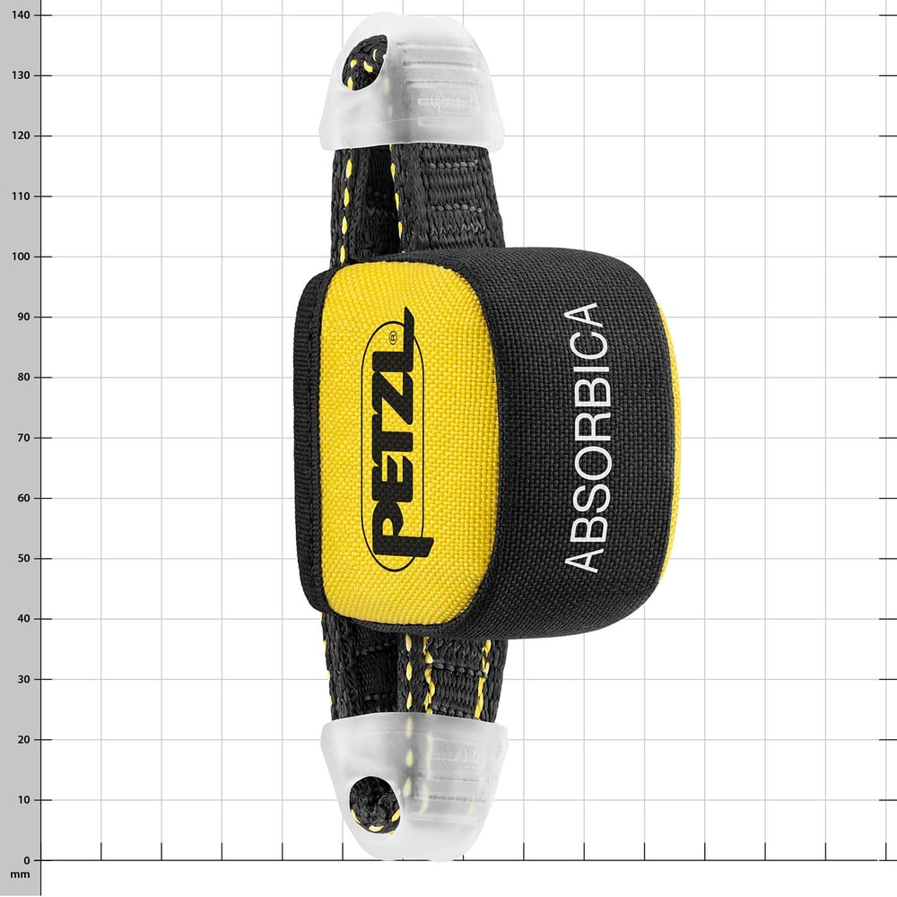 Absorbica by Petzl en jaune et noir, carrément tapissé de lettrages Petzl et Absorbica blancs, sur fond quadrillé avec deux œillets en plastique gris aux extrémités