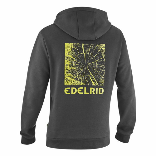 Sweat à capuche Grounder en gris foncé avec capuche montre le dos avec grand imprimé tronc d’arbre jaune et lettrage EDELRID