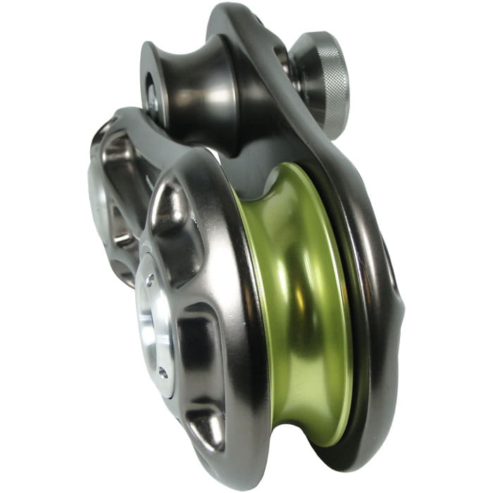 Impact Block L, bloc en métal gris avec roue verte, vue latérale