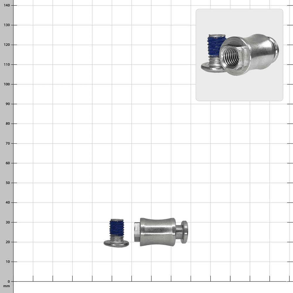 Borne inférieure Rope Runner Pro, deux petites pièces métalliques, l’une cylindrique, l’autre une vis avec revêtement bleu sur le filetage