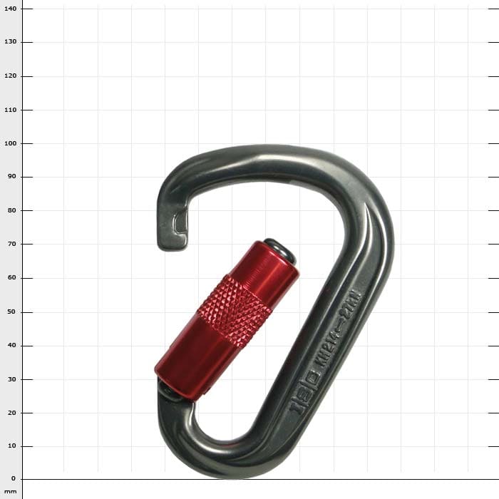 Mousqueton Mighty-Mouse ouvert avec capuchon à vis rouge et corps en métal argenté, fabricant non visible