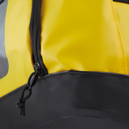 Gros plan de la fermeture éclair noire et du fond du sac PETZL Duffel 85 jaune à fond noir
