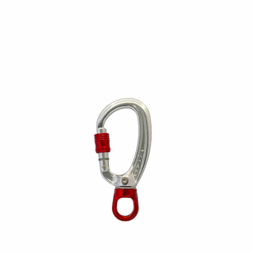 XSRE Swivel Lock mousqueton en argent avec verrou tournant rouge et émerillon rouge, sur fond blanc