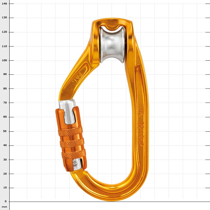 Rollclip Un mousqueton Triact-Lock orange avec rouleau argenté et vis de sécurité orange