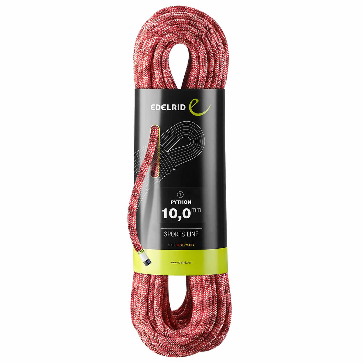 Corde d’escalade Edelrid Python rouge et blanc avec étiquette noire et dessous vert, emballée, diamètre 10,0 mm, Sports Line, Made in Germany