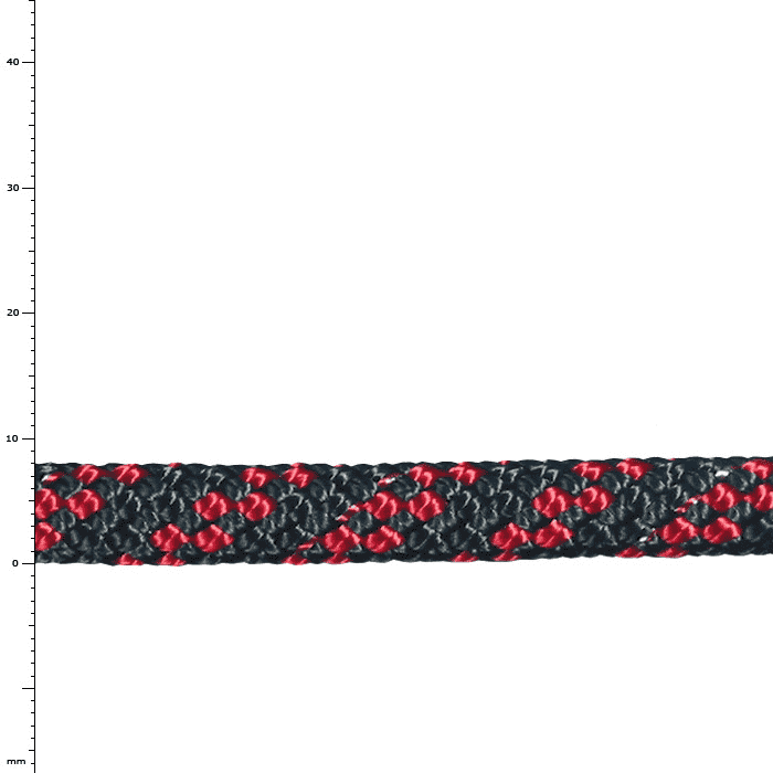 Corde Sirius 8, noire avec des motifs rouges et gris, gros plan du tressage et de la structure
