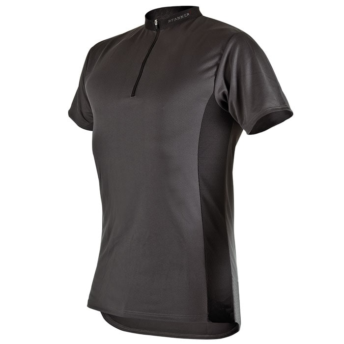 Chemise à col zippé en noir avec fermeture éclair courte et nom du fabricant Pfanner sur le col