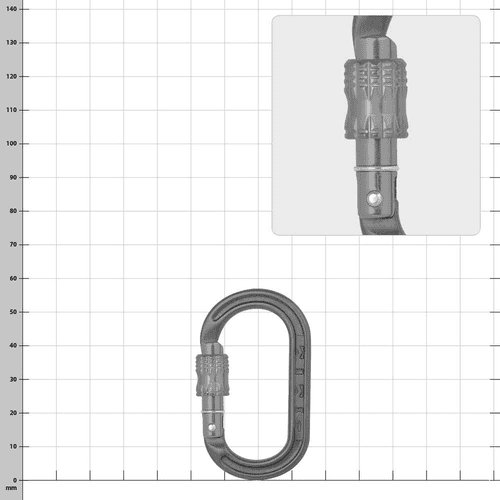 XSRE Lock, fabricant non visible, mousqueton gris avec fermoir gris, gros plan du fermoir en haut à droite