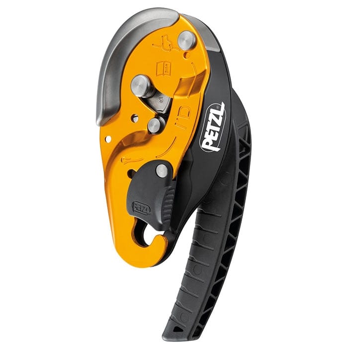Aire de jeux Petzl I’D S en jaune et noir avec poignée et levier