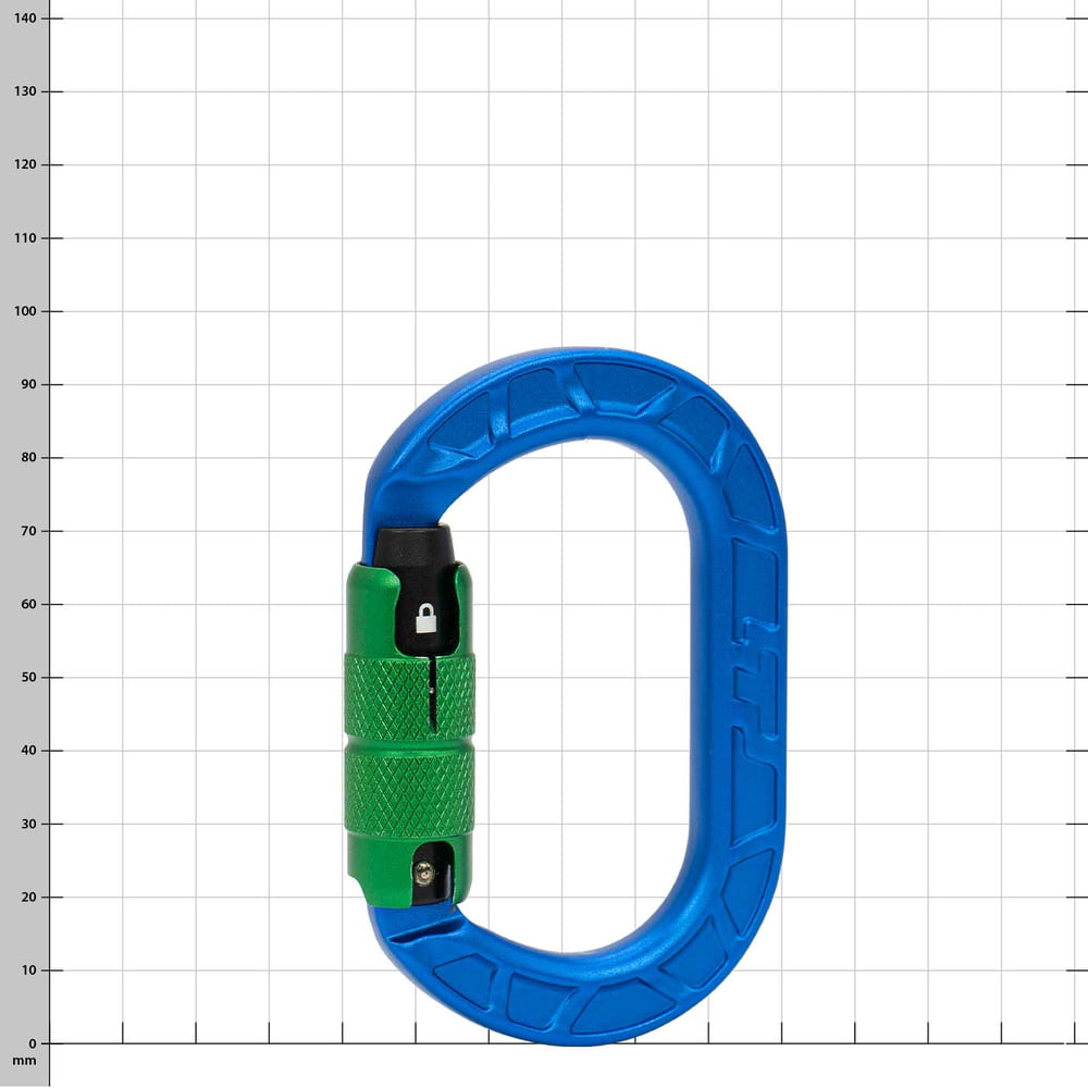 mousqueton karaT en bleu avec capuchon à vis vert, devant un fond blanc avec grille