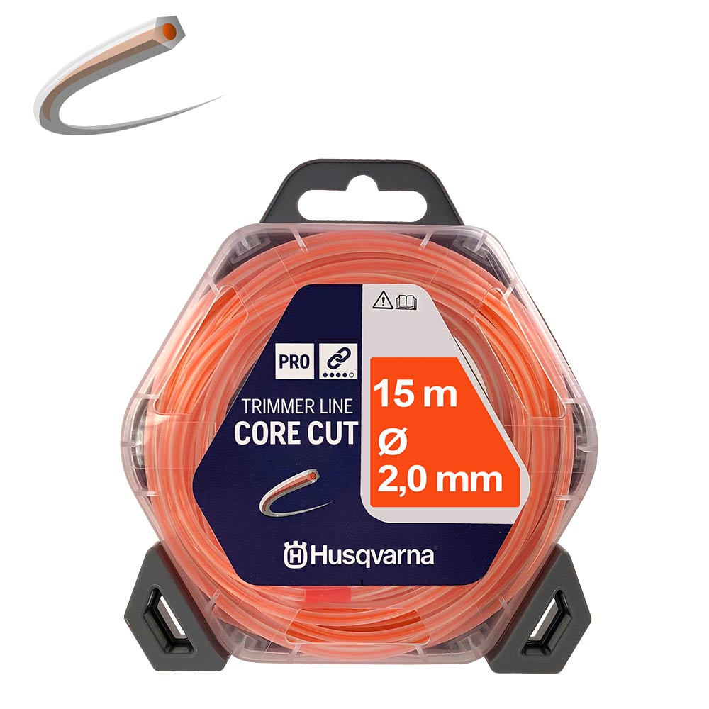 Core-Cut 2.0/15 Husqvarna Trimmer Line en orange, 15 mètres de long, 2,0 mm de diamètre, emballé dans une boîte en plastique transparent avec cintre noir