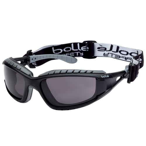 Tracker II de Bollé, lunettes noires avec lentille foncée et élastique réglable noir et blanc avec imprimé bollé