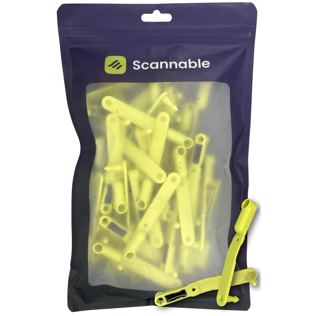 Loops NFC Tag de Scannable dans un emballage transparent et violet avec de nombreuses boucles jaunes à l’intérieur et deux boucles à l’extérieur