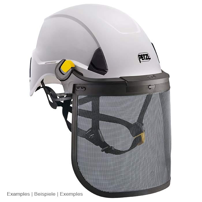 Casque de sécurité PETZL blanc avec visière en maille Vizen avec cadre et maille noirs, éléments de verrouillage jaunes et mentonnière noire visibles