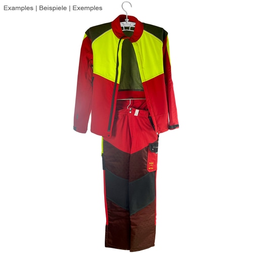 Cintre Toolprotect Pro avec une veste de travail rouge et jaune et un pantalon assorti, photographié de face