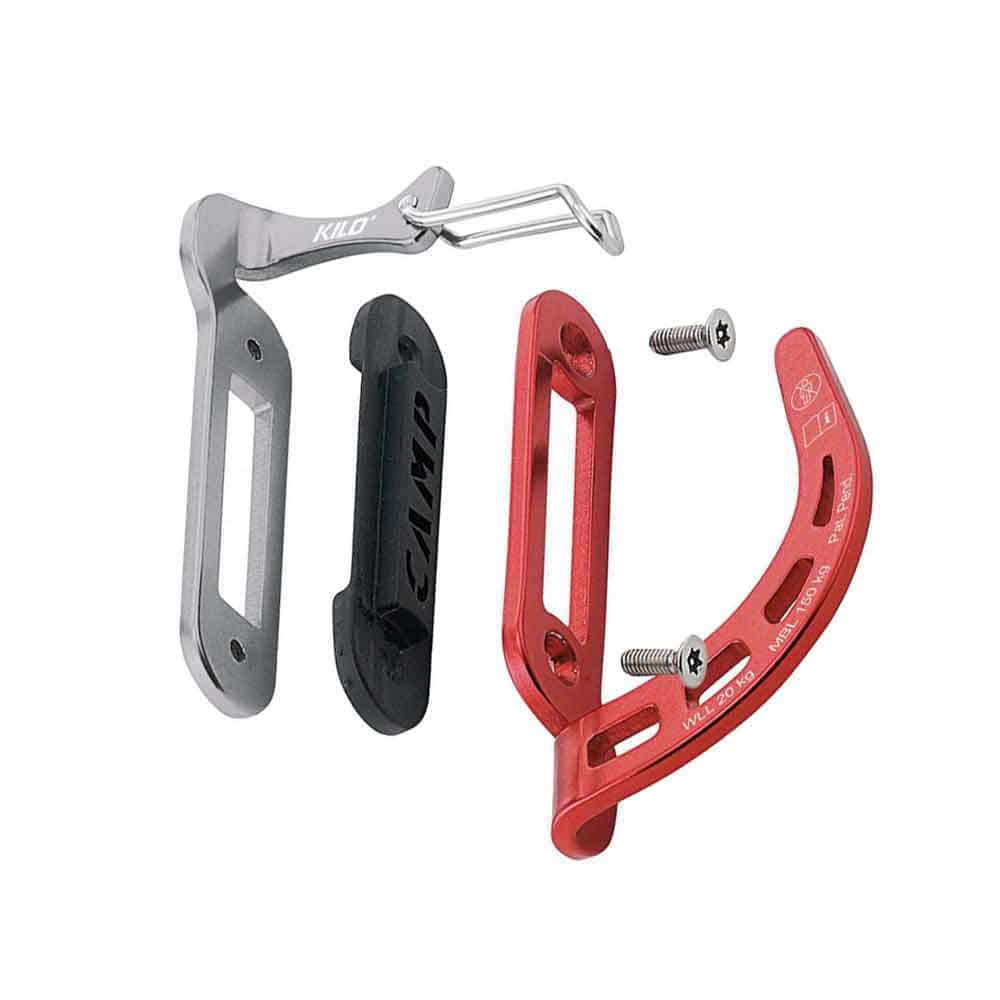 Set de via ferrata Kilo de Camp, pièces démontées en rouge, noir et argent avec deux vis