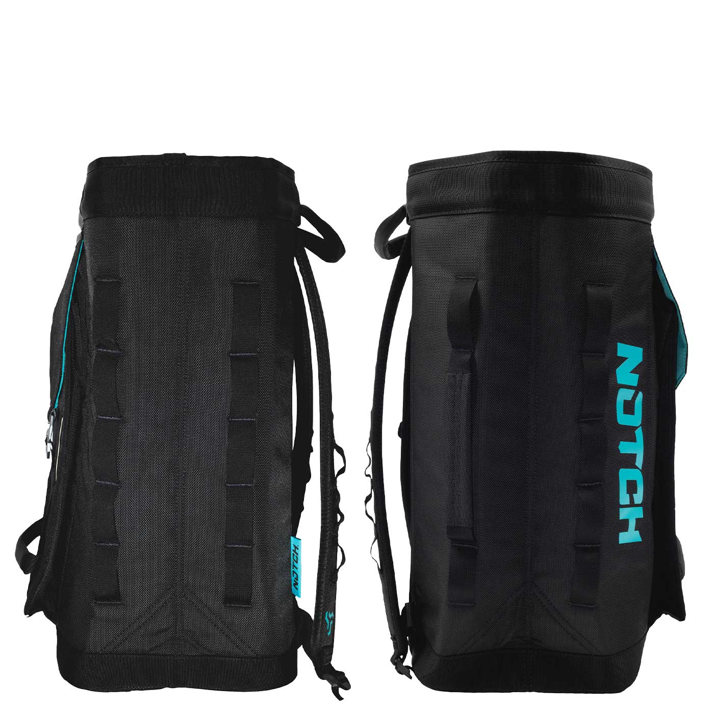 Dos et avant du sac d’approche noir avec logo NOTCH turquoise et poignées