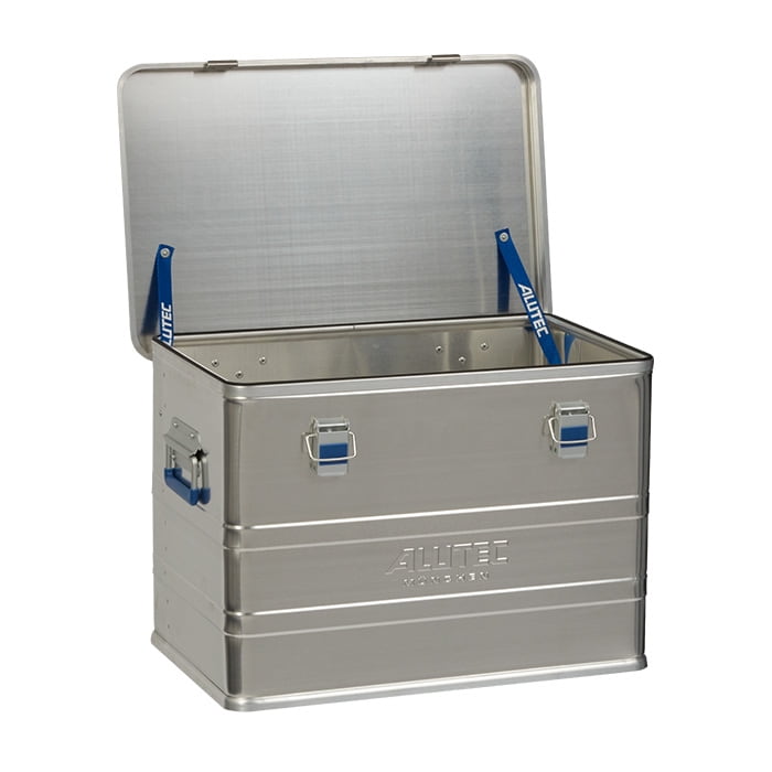Alubox Comfort 73 d’Alutec, boîte ouverte en aluminium argenté avec supports et poignées bleus