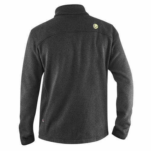Vue arrière de la veste Mylodon en gris foncé avec un petit logo jaune sur le col