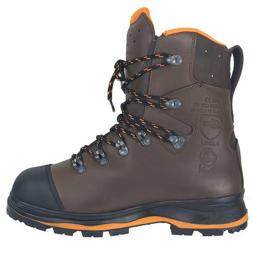 Chaussure de montagne Trekker Mountain 2.0 marron vue de côté avec lacets noirs et orange, semelle noire et doublure orange, nom du fabricant non visible