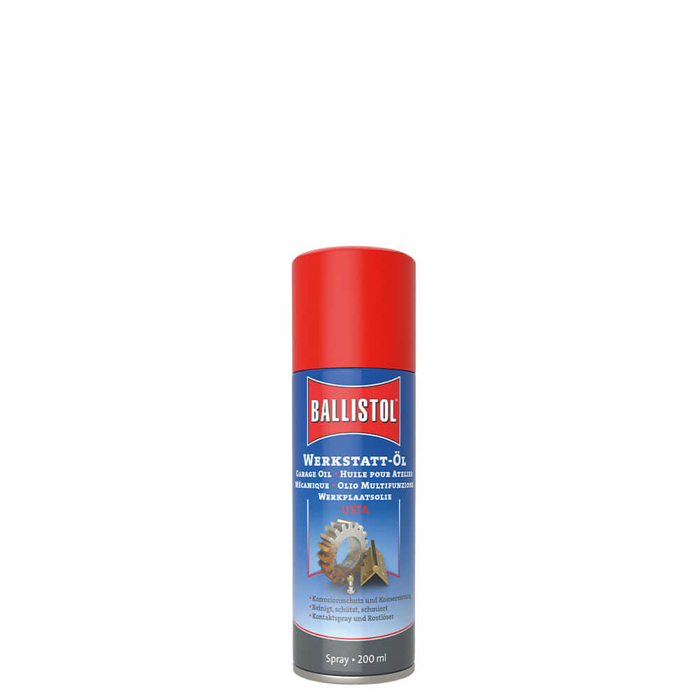 Aérosol d’huile d’atelier Ballistol avec couvercle rouge et étiquette bleue, contenu de 200 ml, avec symbole d’engrenage sur l’étiquette