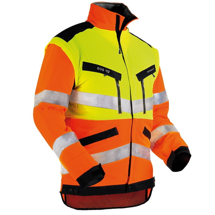 Blouson haute visibilité KlimaAIR® EN 20471 de face en jaune et orange avec détails noirs, deux poches zippées sur la poitrine avec imprimés « SOS 112 » et « 7 FRANKEL », bandes réfléchissantes sur les bras et la poitrine